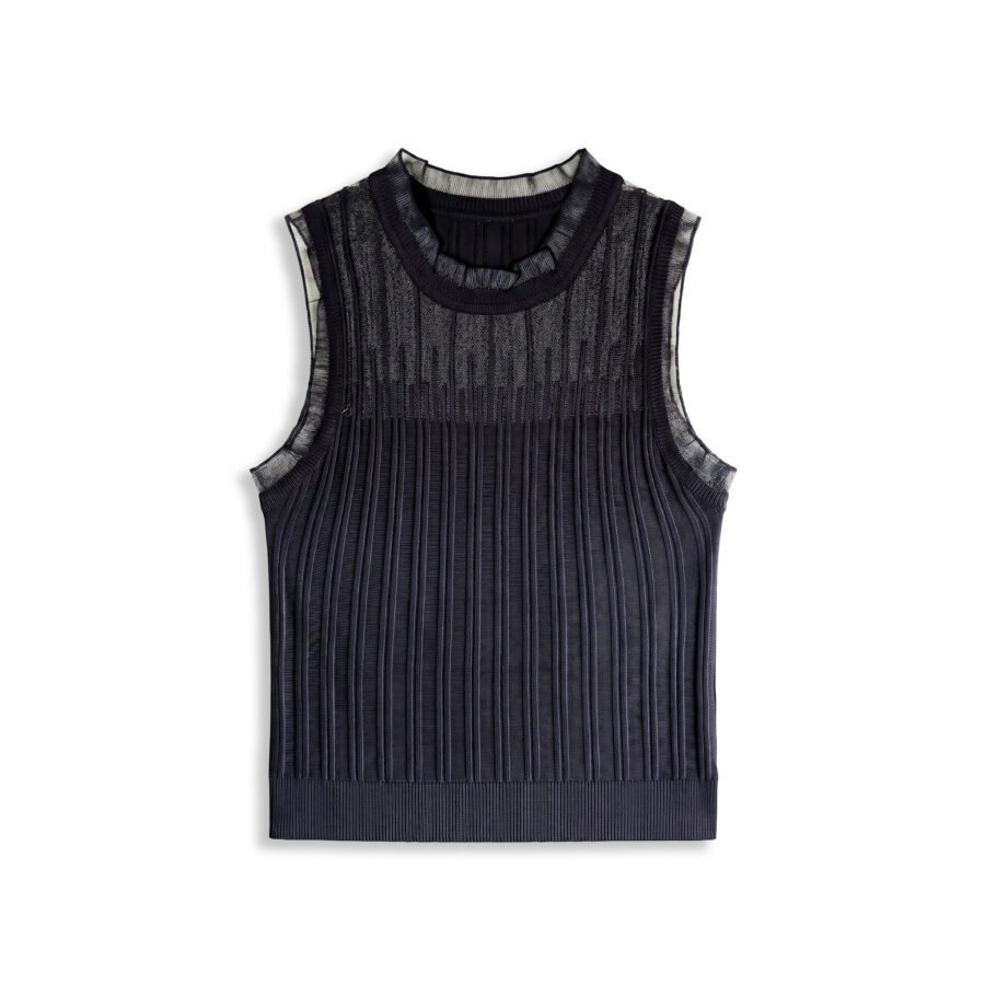 Mesh Trim Frill Mock Neck Sleeveless Top