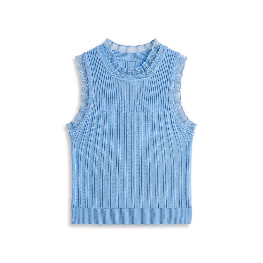 Mesh Trim Frill Mock Neck Sleeveless Top